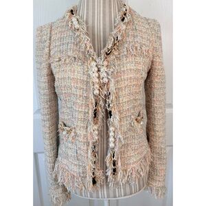 McGinn Elizabeth Tweed Boucle Fringe Blazer Jacket Chain Details Size 8